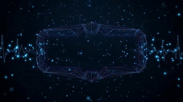 A glowing, wireframe-style title placeholder with neon blue and purple accents floats against a dark background dotted with sparkling lights.