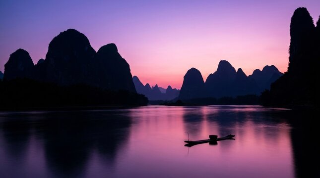 Traditional Fishing Boat on Li River Karst Mountains at Sunset