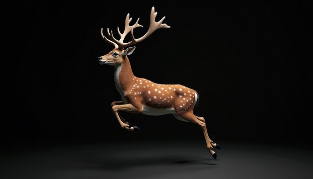 Spotted fallow deer leaps mid-air. Majestic buck with large antlers runs fast across black background. Wildlife animal in dynamic motion, grace and elegance.