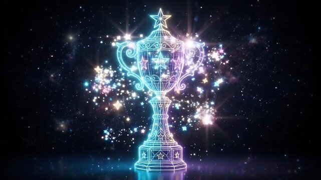 This video showcases a neon wireframe trophy glowing with star particles against a dark, starry background. The trophy design features prominent star elements and a reflective surface below.