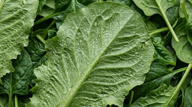 Macro close-up of a vibrant, dew-kissed green lettuce leaf nestled amongst a lush backdrop of fresh spinach, symbolizing healthy eating and natural nutrition