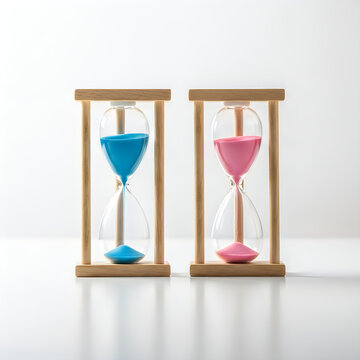 Two hourglasses with blue and pink sand isolated on white background