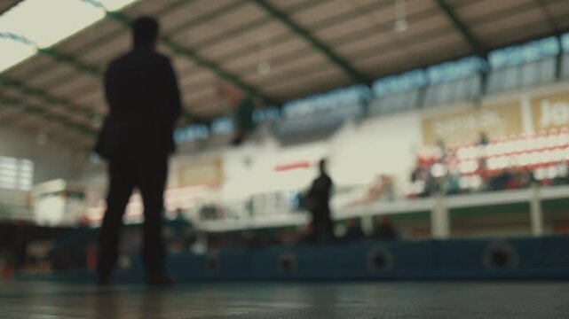 Blurred silhouette of coach watching martial arts tournament