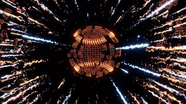 A digital wireframe baseball is bursting into fireworks particles against a black background. The glowing ball is in the center, with particles and fragments radiating outward, creating a dynamic and
