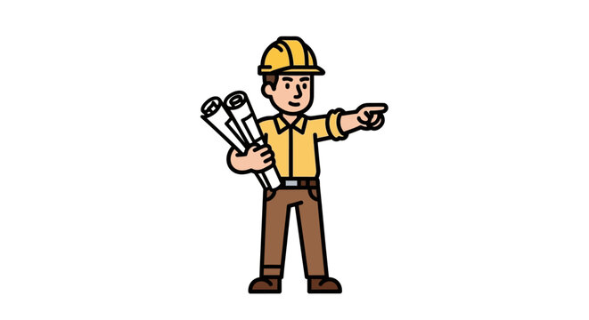 Cartoon construction worker pointing with blueprints in hand