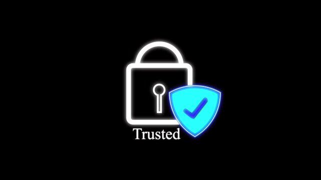 White padlock icon with blue shield and word trusted. Security padlock. White padlock icon for information safety and secure network verification system visuals animation art.