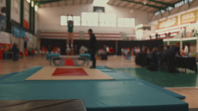 Young female gymnast performing on trampoline during competition