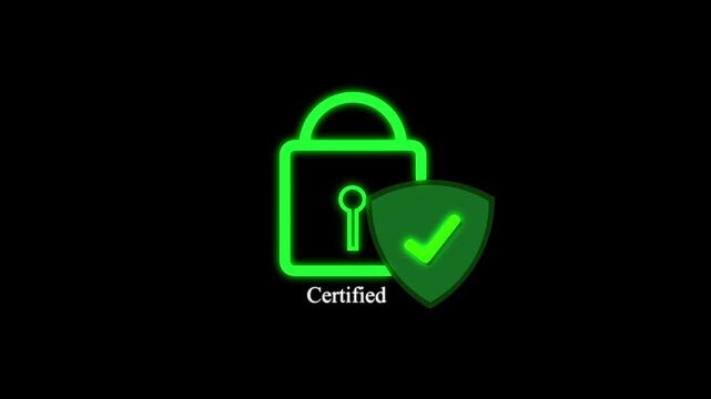 Neon green certified lock and shield icon with checkmark. Security lock. Neon green certified lock for authorized data access and secure network protection visualizations art.