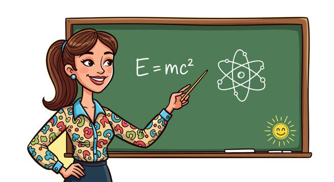 cartoon woman teacher pointing at chalkboard with E=mc2 equation and atom drawing