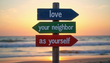 Obraz premium Wooden signpost with love your neighbor as yourself text on sandy beach at sunrise. Gentle waves lap shore under warm orange sky. Peaceful ocean backdrop inspires kindness and togetherness.
