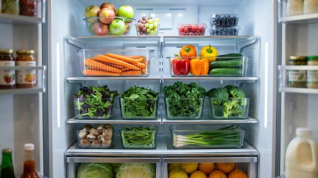 A well-organized refrigerator stocked with fresh fruits, vegetables, and healthy food items, illuminated by interior lighting