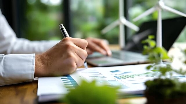 Green energy investment, renewable resources development, faceless professional analyzing sustainability, defocused eco-workspace, environmental finance, responsible investing,