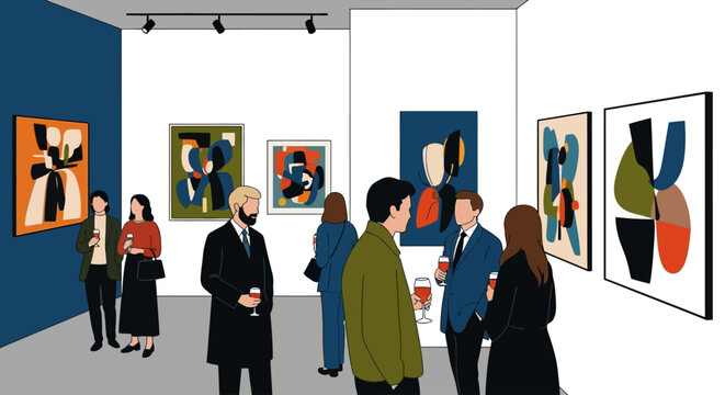 People looking at abstract art in a modern art gallery