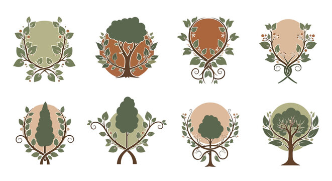 Eight Different Tree Logos Isolated.