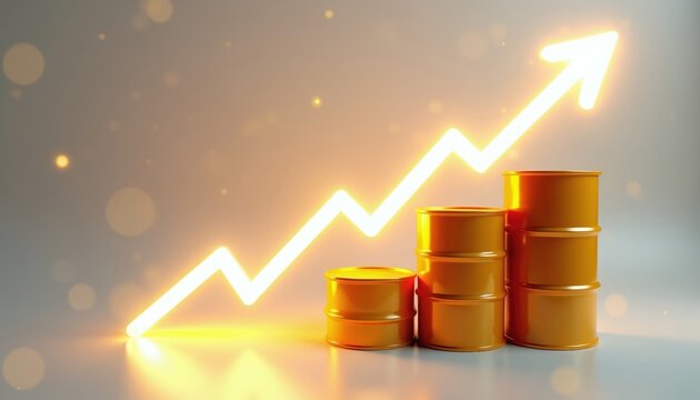 Yellow oil barrels stacked with rising arrow graph. Concept for energy price growth and market increase. Shows petroleum industry business finance and economic trends.