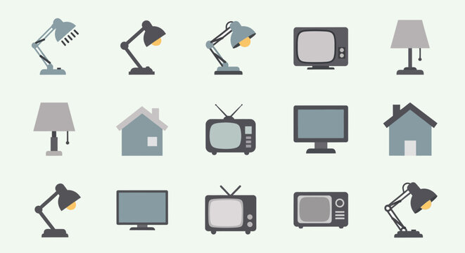 Collection of lamps and televisions icons.