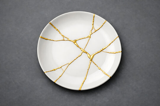 Broken white plate repaired with gold lacquer cracks on gray background