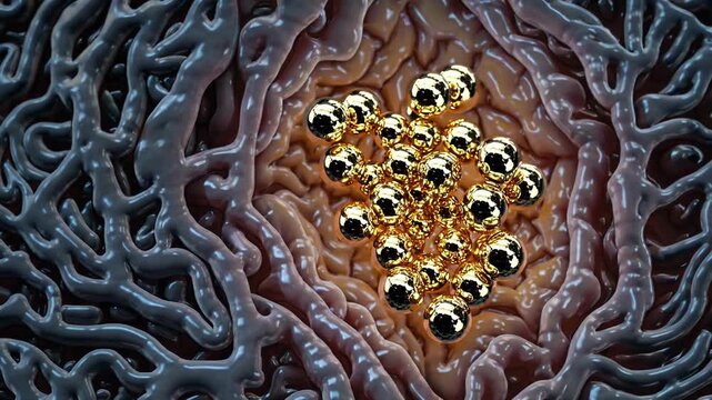 Gold Nanoparticles Clustered Within Vascular Tissue, Shiny Reflective Spheres Nestled In Complex Vessel Network, Closeup Microscopic View Evoking Clinical Research And Targeted Therapy, Warm Central