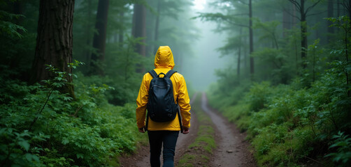 Naklejka premium Hiker in yellow raincoat walks dirt path through misty green forest. Person with backpack moves deep into woods, exploring nature alone. Hazy atmosphere, trees surround solitary figure on remote