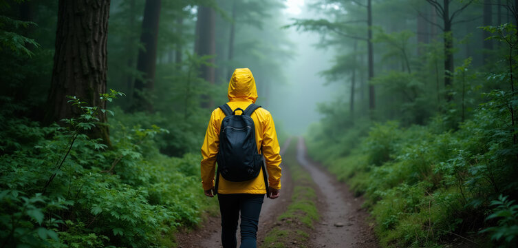 Hiker in yellow raincoat walks dirt path through misty green forest. Person with backpack moves deep into woods, exploring nature alone. Hazy atmosphere, trees surround solitary figure on remote