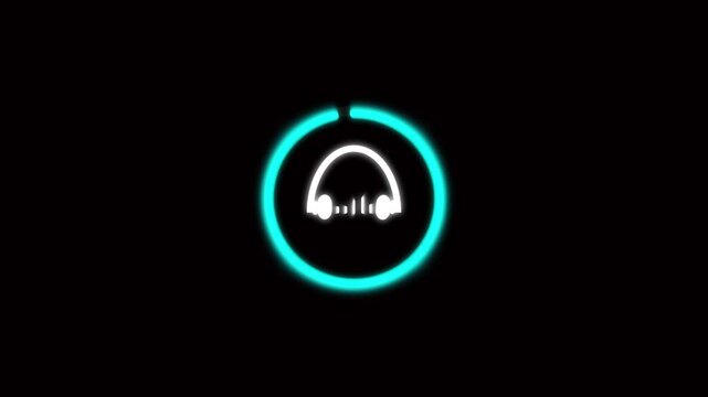 Cyan and white headphones icon with circular progress on black. Headphones icon music. Professional headphones icon for audio processing and sound engineering visualizations.