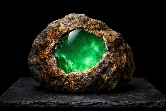 Large green crystal geode on dark slate rock mineral