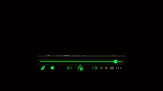 Neon green music player interface with waveform on black. Music player interface audio. Professional neon green music player interface for sound frequency and media control.