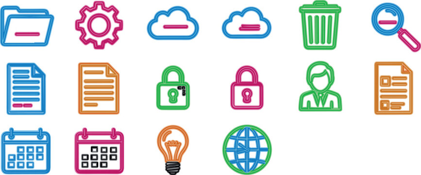 Business and Office Icon Set with Documents Calendar Security Cloud Settings Trash Search and User Symbols for Web Apps UI and Workflow Design