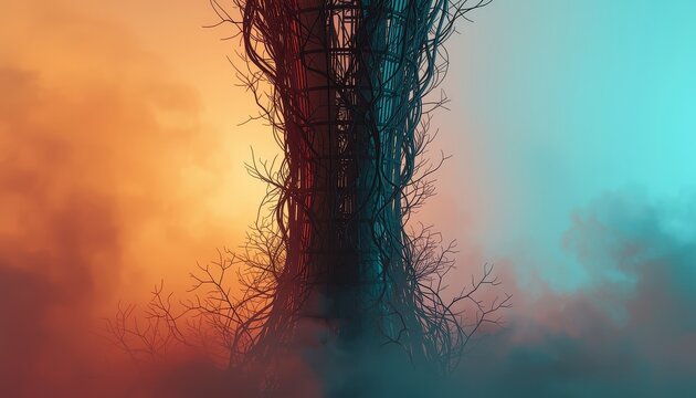 Futuristic parametric structure silhouette with vines and roots in foggy orange and teal atmosphere