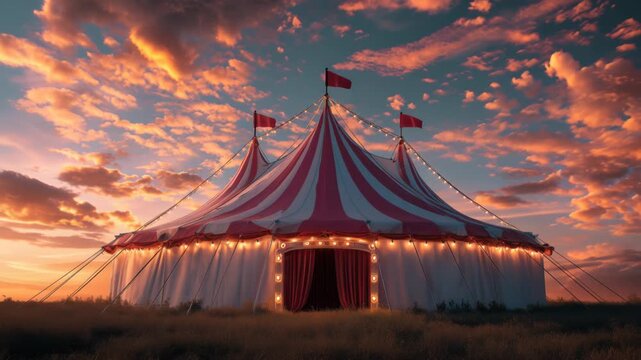 Circus tent stands in open field during sunset with clouds in the sky and lights glowing around the entrance