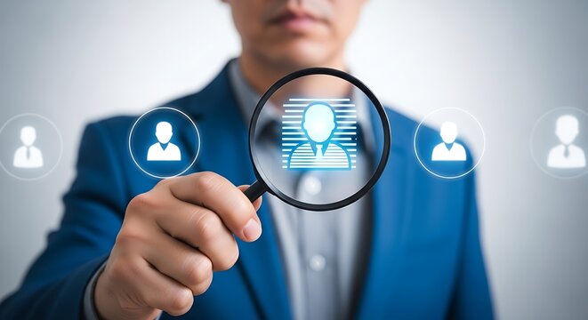 Professional businessman uses a magnifying glass to identify a specific candidate from a digital lineup of potential corporate employees