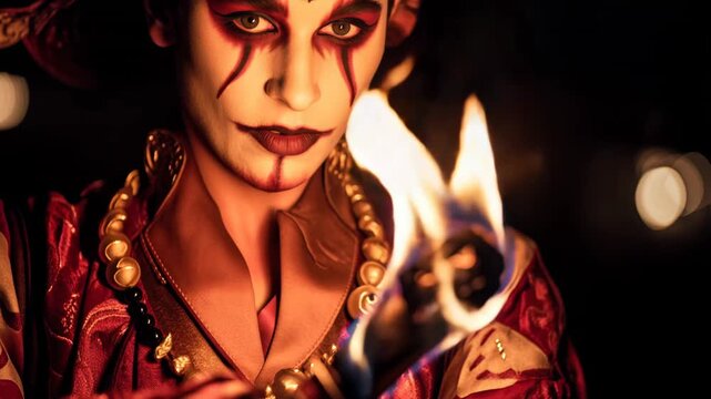 Watch performers at a circus show fire dancing and entertaining the crowd at night in a big top tent with bright lights