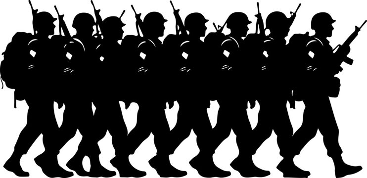 Military soldiers marching in row with rifles and equipment silhouettes.