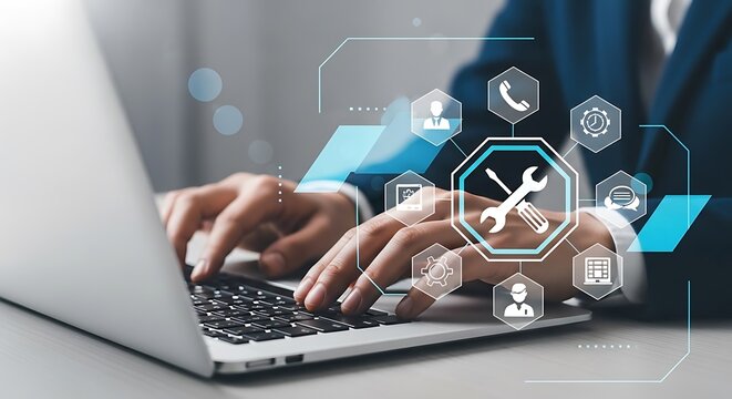 Professional hands typing on a laptop keyboard, engaging with a futuristic digital interface displaying various IT support service icons.