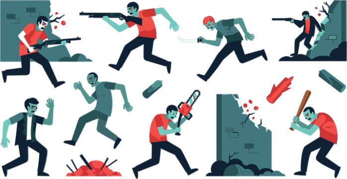 Zombie Apocalypse Action Scene Illustration Set with Infected Characters Survivors Weapons Chase Attack and Horror Game Elements for Dark Cartoon Design