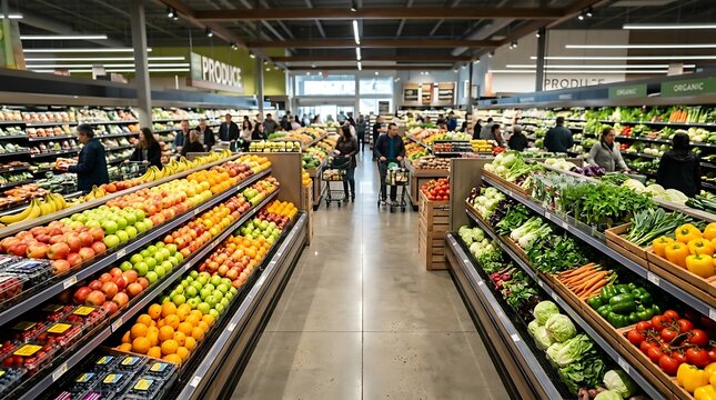 A wide shot of the interior of a grocery store showcasing abundant fresh produce displays and shoppers