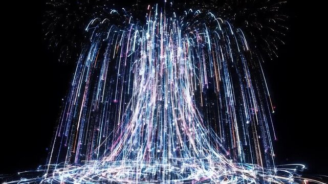 Digital wireframe fireworks cascade raining down light against a black background, creating a mesmerizing and abstract display.