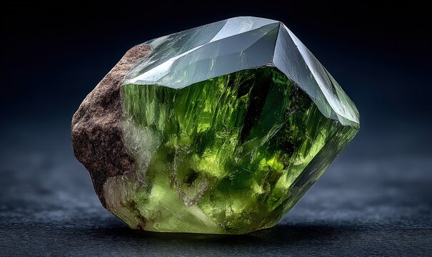 Large, natural green peridot gemstone with rough matrix, showcasing internal clarity and vibrant color on a dark background