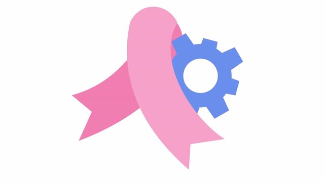 Pink awareness ribbon with blue gear icon for healthcare management in a cartoon animation. Medical research and breast cancer support system in the alpha channel. Flat design pink ribbon and cogwheel