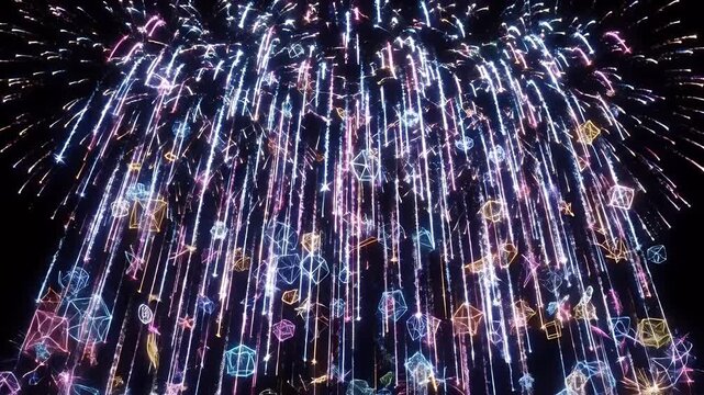 This video depicts a vibrant display of digital fireworks against a black background. The fireworks cascade downwards, resembling rain of light and wireframe geometric shapes.