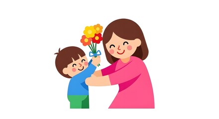 Obraz premium Cheerful Woman Giving Flowers to Child