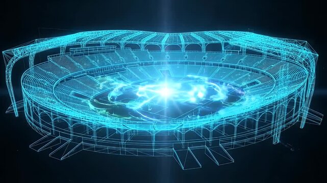 A wireframe model of an arena glows with blue energy on a dark background. The digital representation captures the stadium's structure.