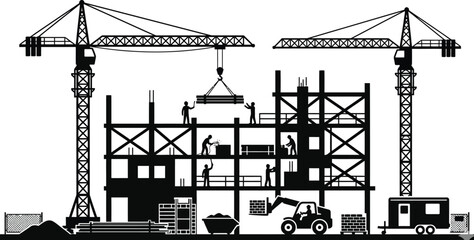 A stark black and white depiction of a construction site with cranes buildings and workers presented as a striking silhouette  © Sheikh