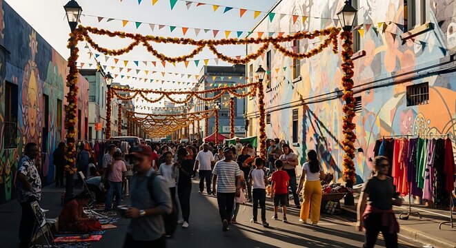 Vibrant Mexican Street Festival Celebration with Colorful Decorations and Murals.