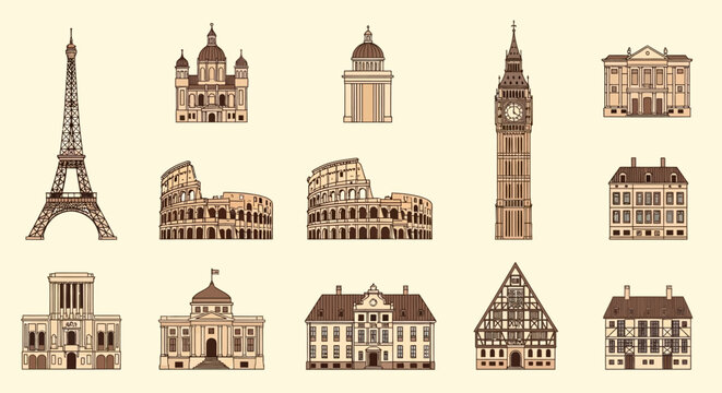 Collection of famous world landmarks buildings.