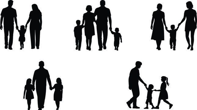Vector silhouettes of diverse family groups walking together, parents and children bonding, caregiving relationships, lifestyle concept for stock illustration