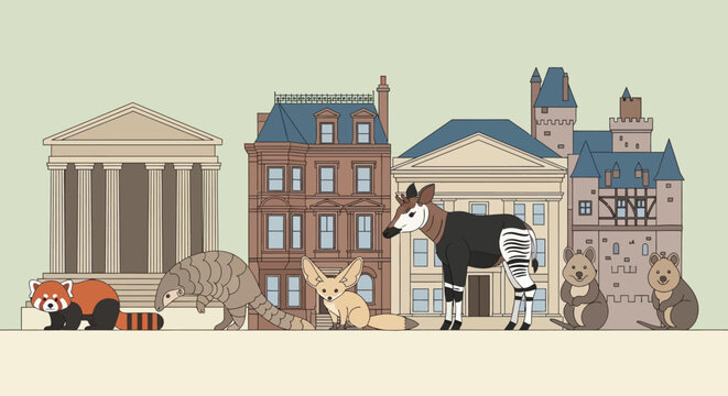 Cow standing on urban city sidewalk.