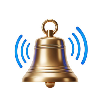 Golden bell ringing with vibrant blue sound waves on a black background