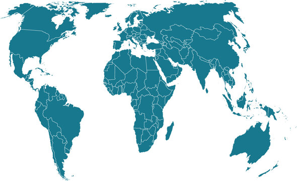 World Countries Map with Detailed Borders in Clean Minimal Flat Style Showing Global Continents for Geography Education and Infographic Vector Illustration