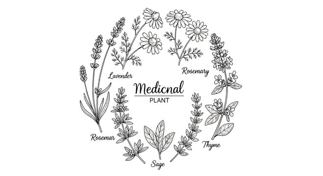 An engraving vector illustration style of various medicinal plants in a wreath design